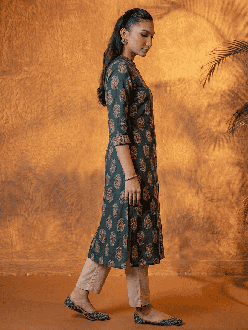 Women Printed Three Quarter Sleeves Straight Kurta - 22550254 -  Standard Image - 2