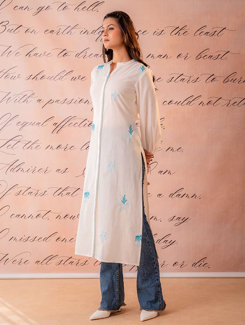women embroidered long sleeve straight kurta - 22550258 -  Standard Image - 2