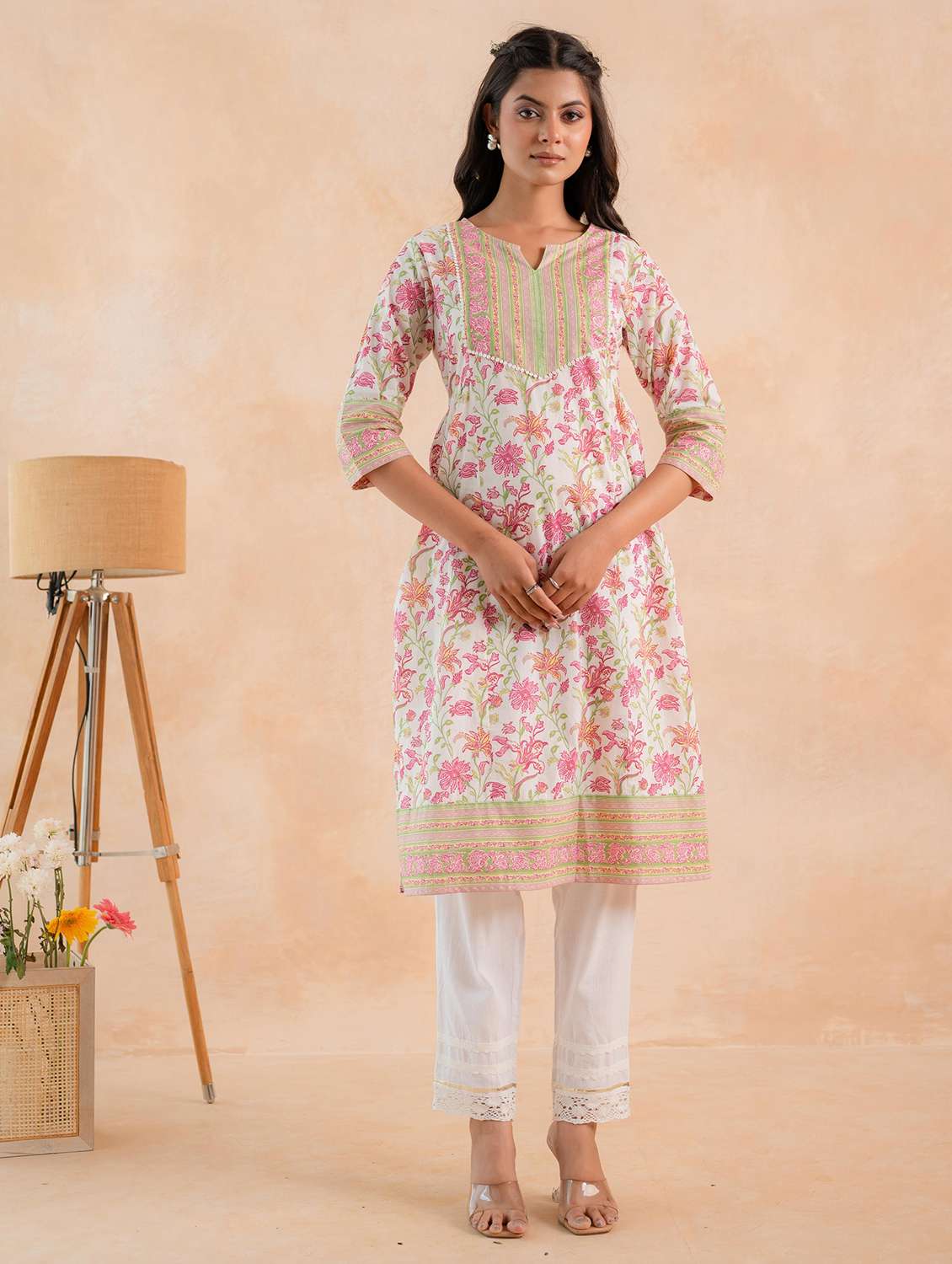 women printed three quarter sleeves straight kurta