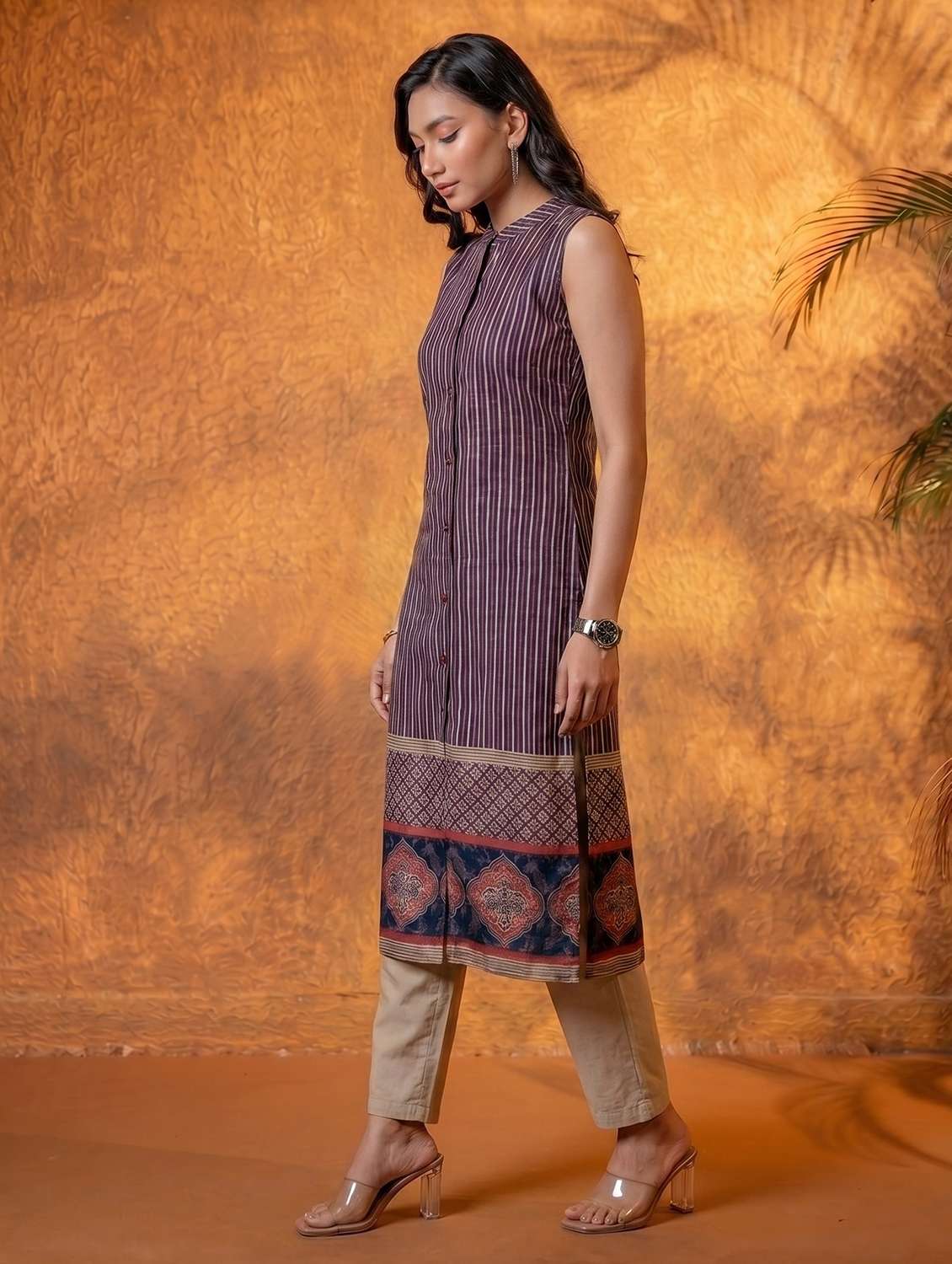 women printed sleeveless straight kurta