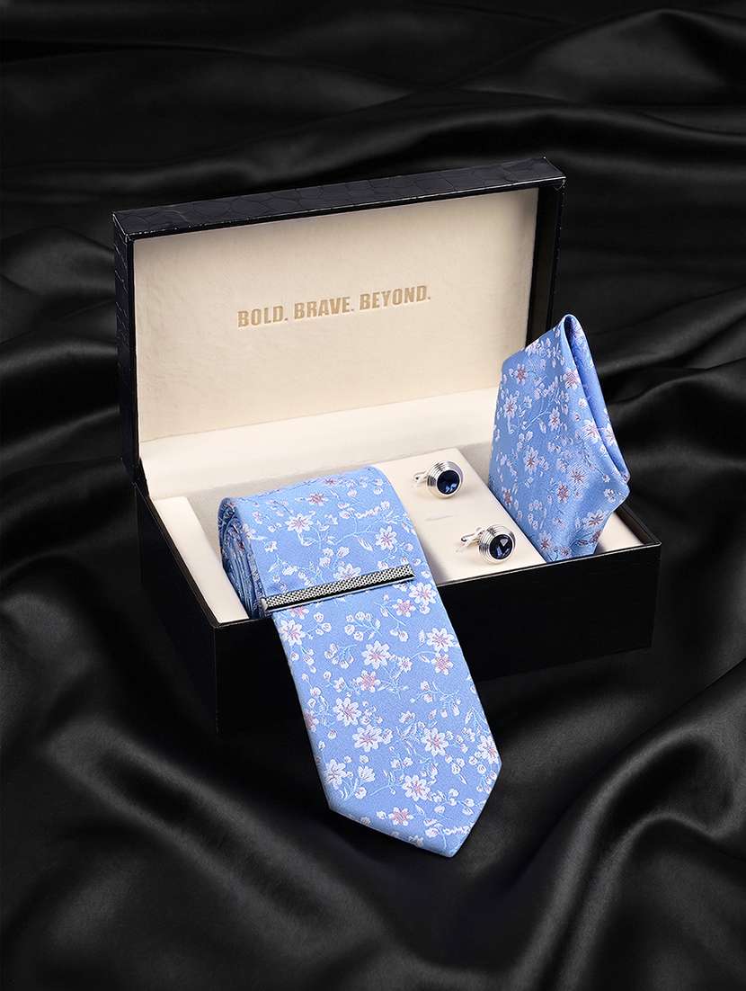 blue floral tie pocket square cufflink combo set - 22550363 -  Standard Image - 2