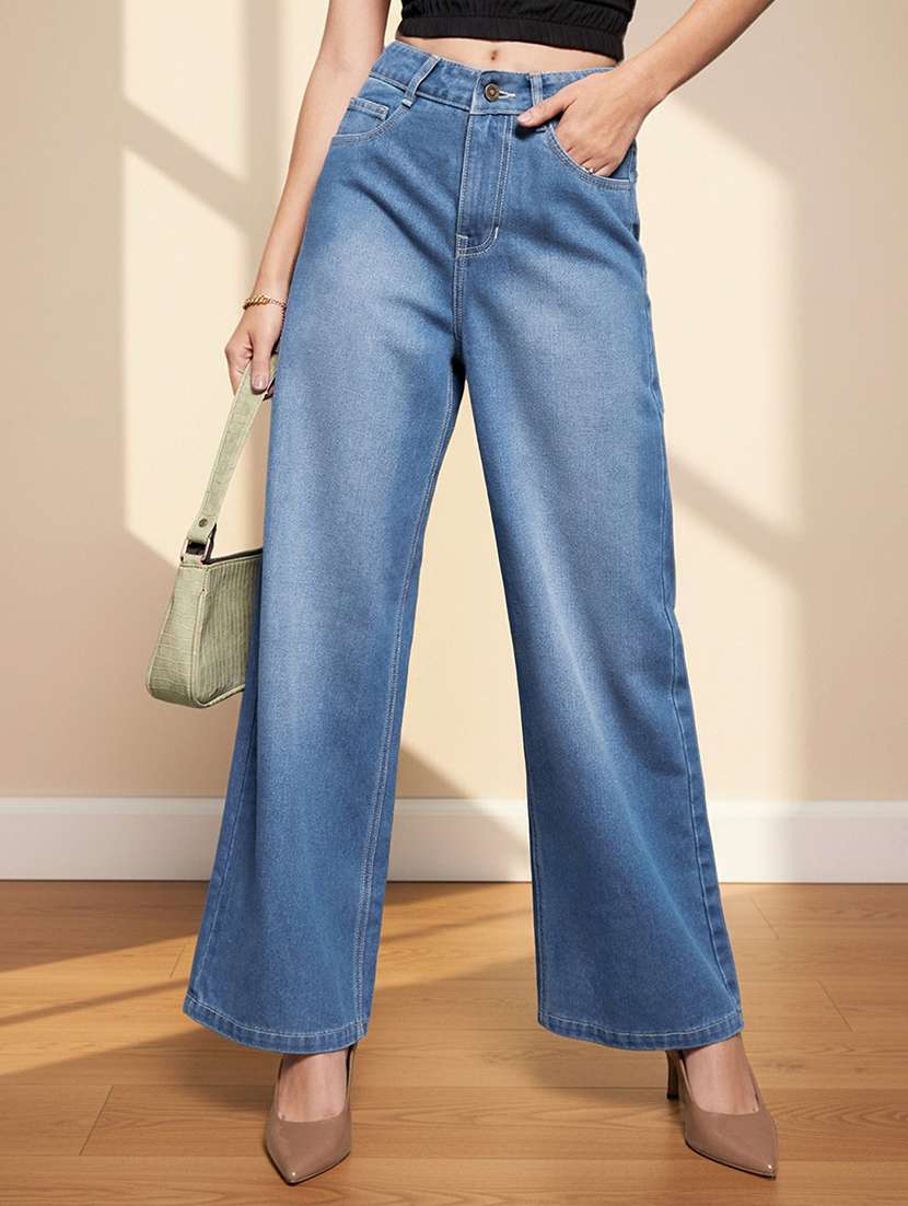 women washed high rise wide leg jeans