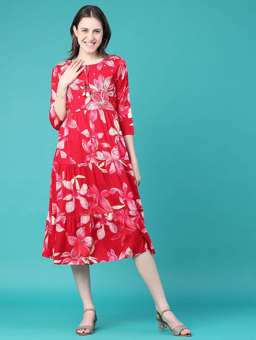 women printed three quarter sleeves tiered dress - 22551983 -  Standard Image - 2