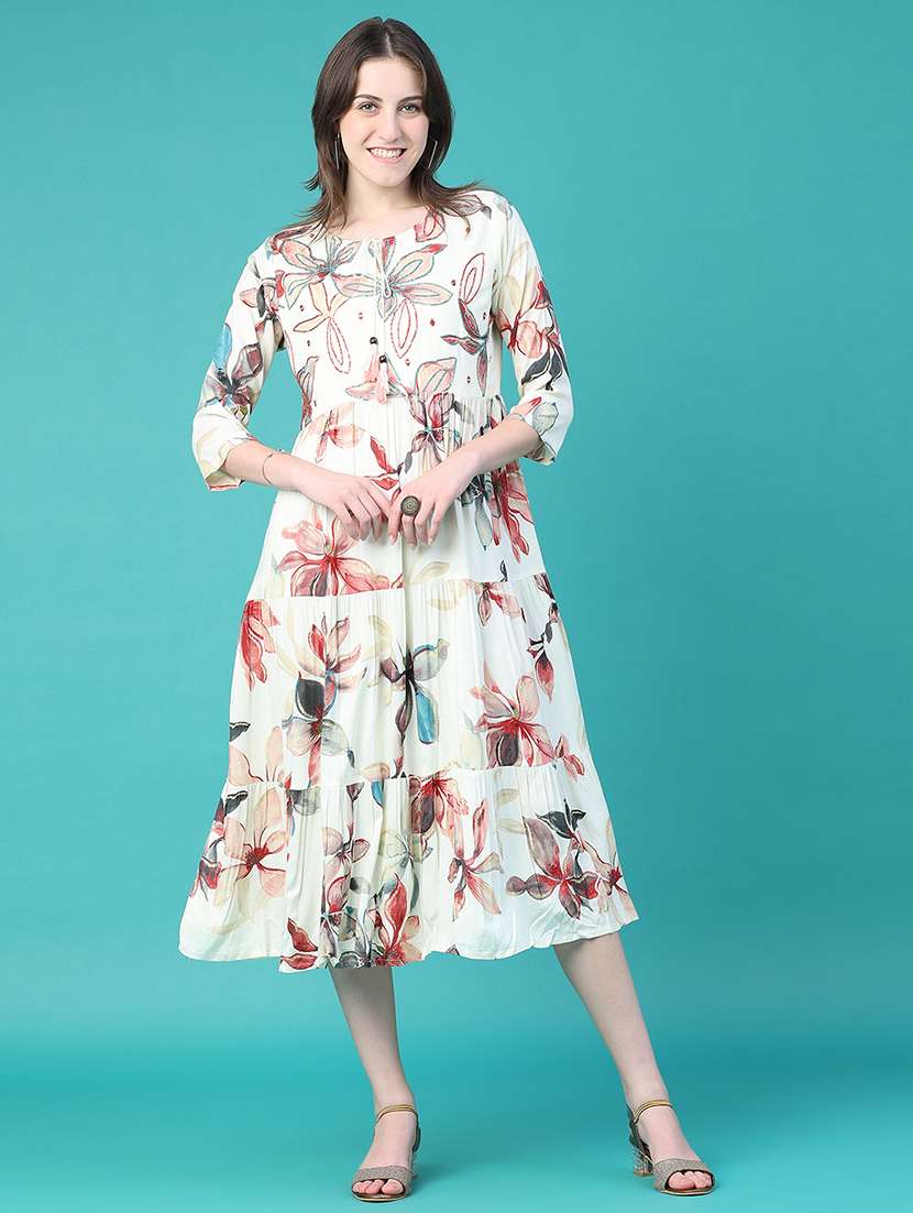Women Printed Three Quarter Sleeves Tiered Dress - 22551984 -  Standard Image - 2