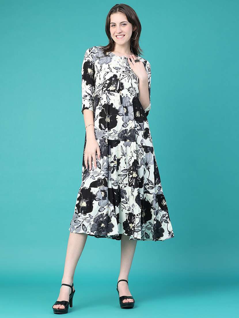 women printed three quarter sleeves tiered dress - 22551988 -  Standard Image - 2
