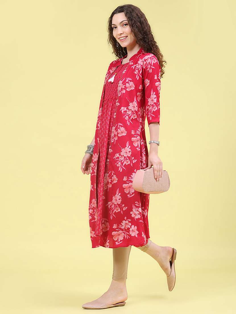 women floral printed three quarter sleeves kurta with jacket
