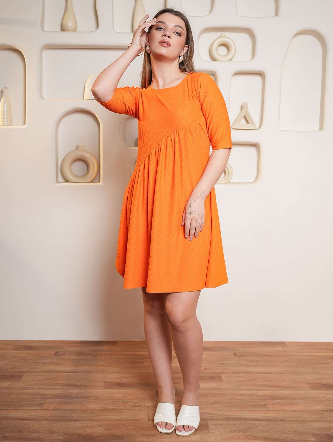 women self design round neck fit and flare dress - 22553283 -  Standard Image - 2
