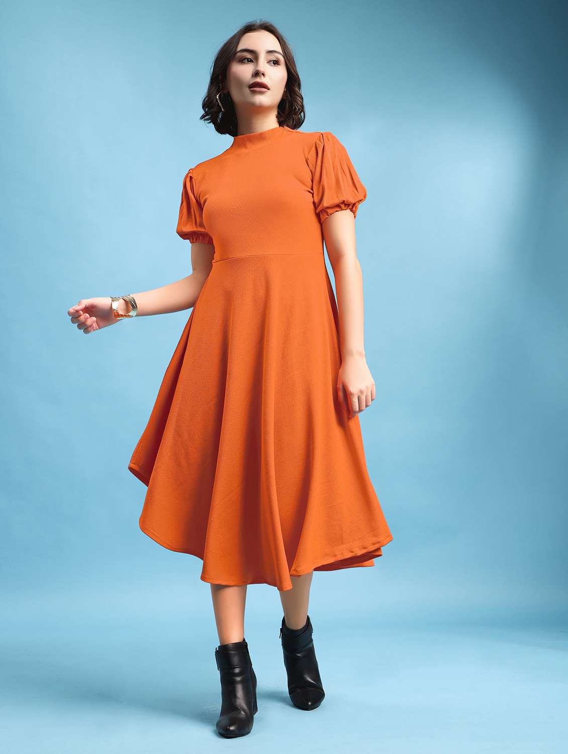 women self design puff sleeves fit and flare dress