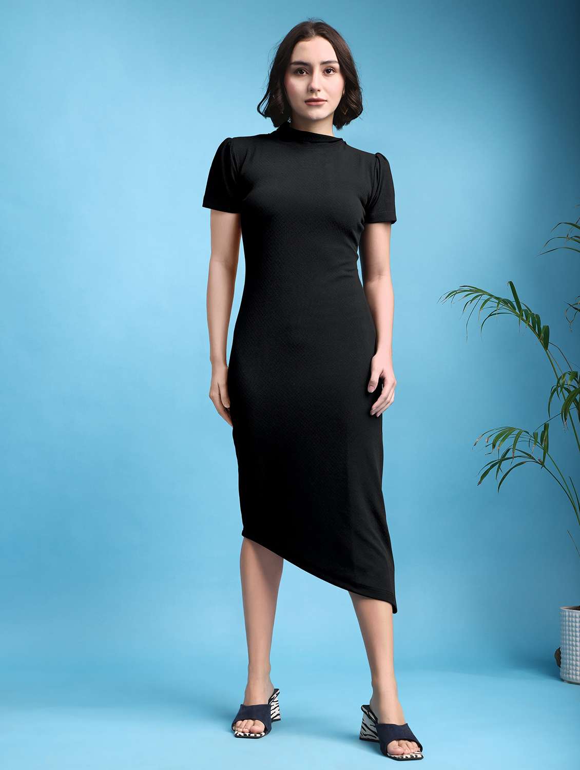 women solid short sleeves asymmetric dress - 22553336 -  Standard Image - 2