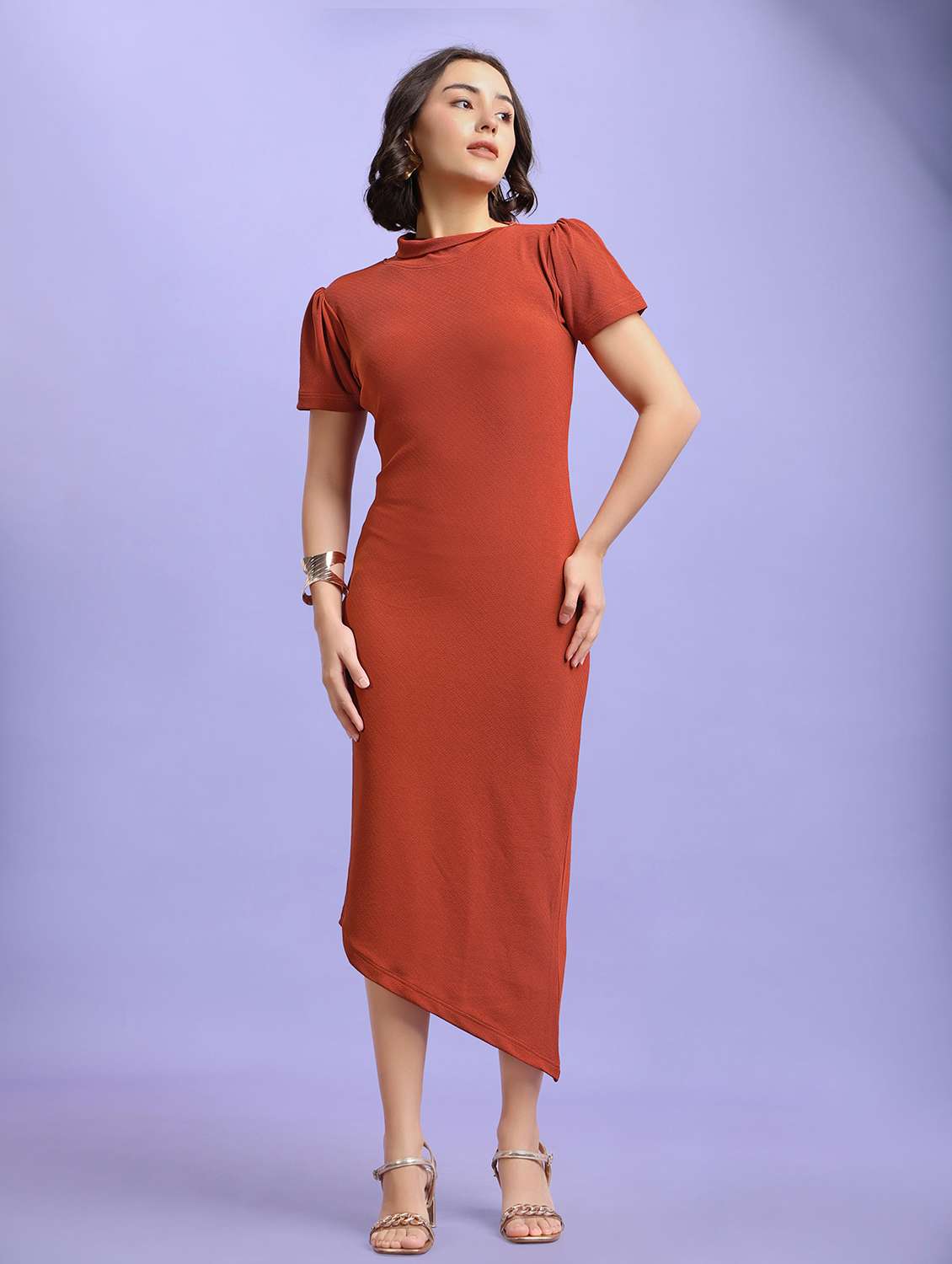 Women Solid Short Sleeves Asymmetric Dress - 22553339 -  Standard Image - 2