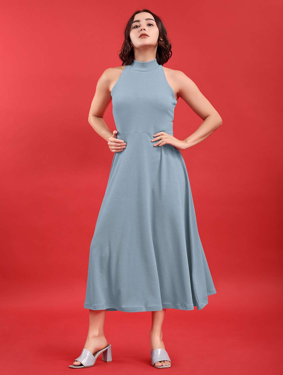 women solid sleeveless fit and flare dress - 22553340 -  Standard Image - 2