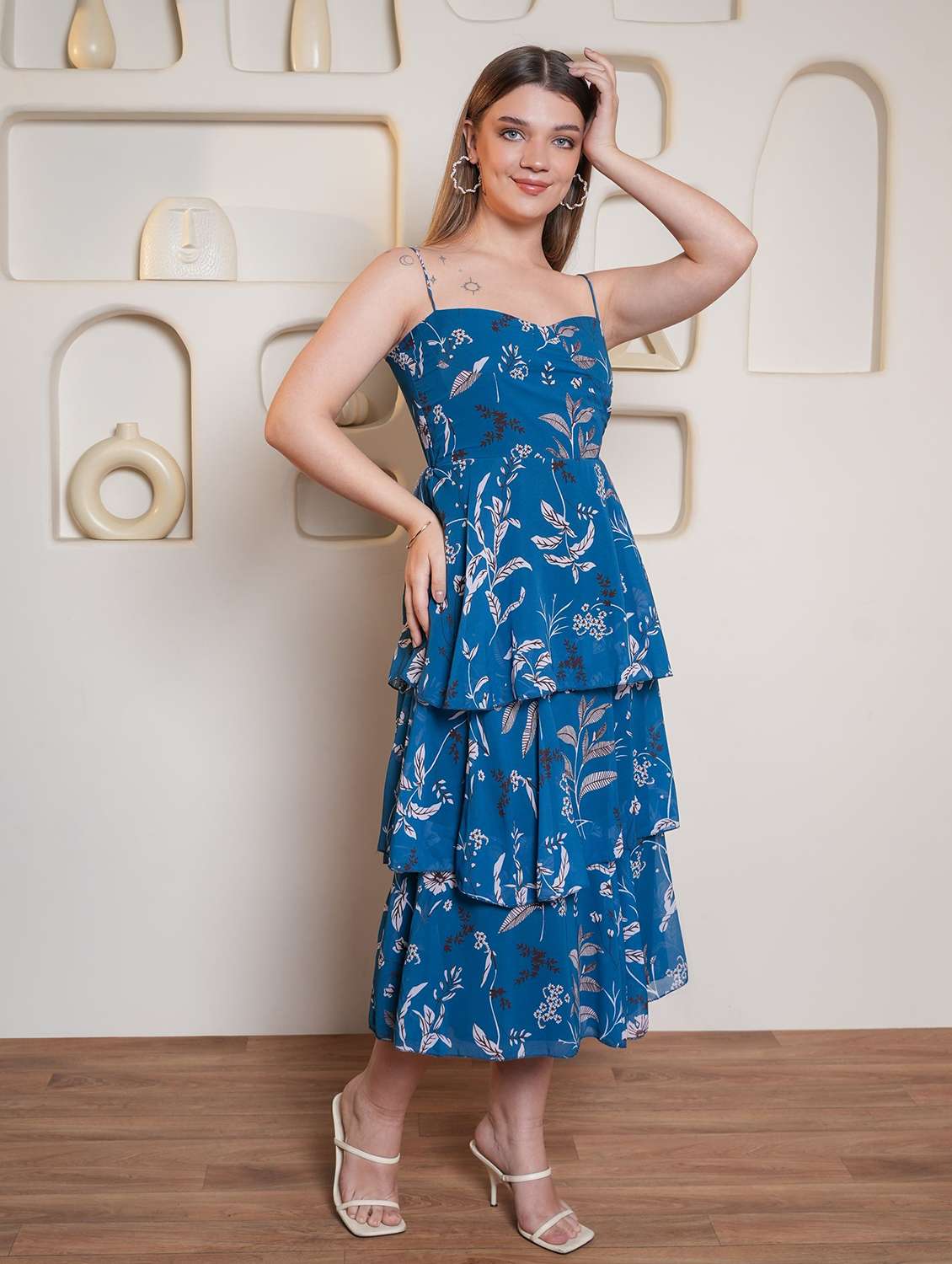 women printed shoulder strap layered dress - 22553370 -  Standard Image - 2