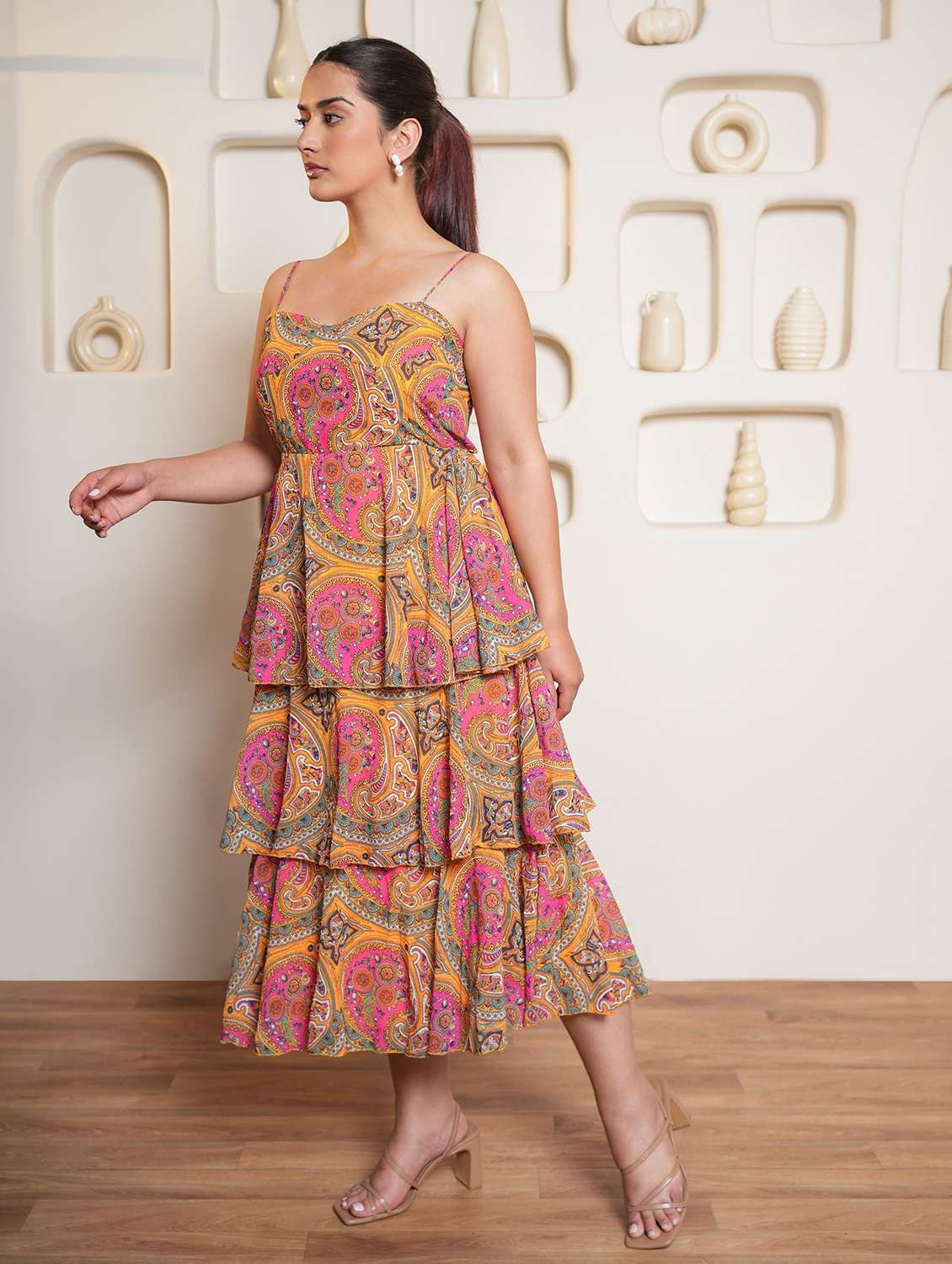 Women Printed Shoulder Strap Layered Dress - 22553371 -  Standard Image - 2