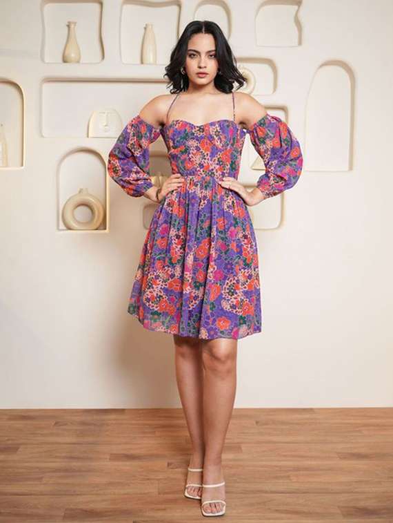 women printed cold shoulder fit and flare dress - 22553377 -  Standard Image - 2