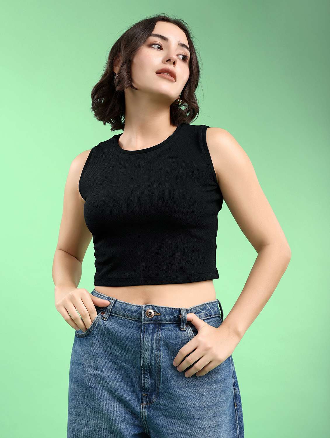 women solid sleeveless crop top - 22553585 -  Standard Image - 2