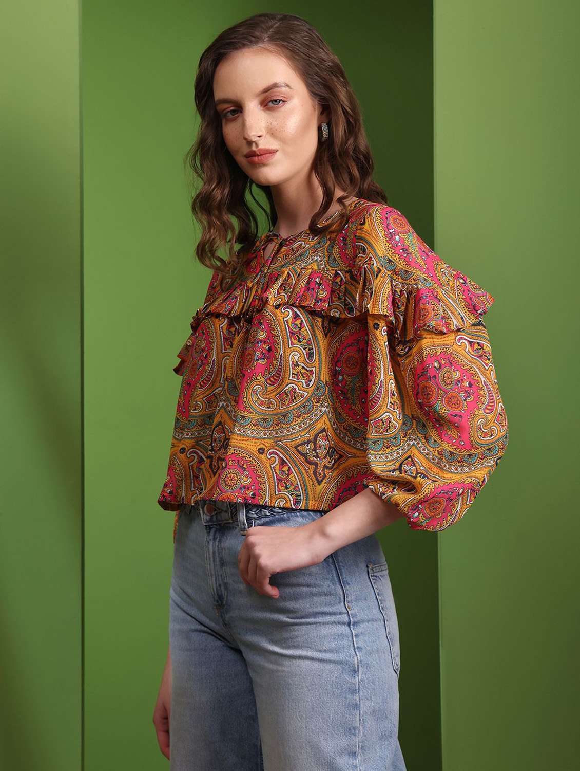 women printed three quarter sleeves crop top - 22553595 -  Standard Image - 2