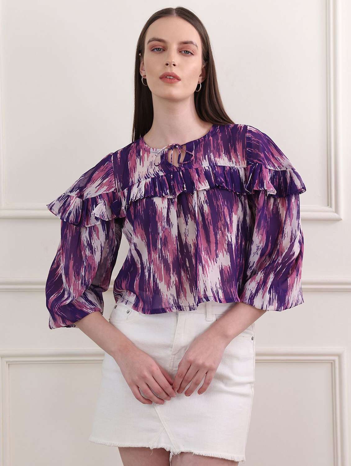 women printed three quarter sleeves crop top - 22553596 -  Standard Image - 2