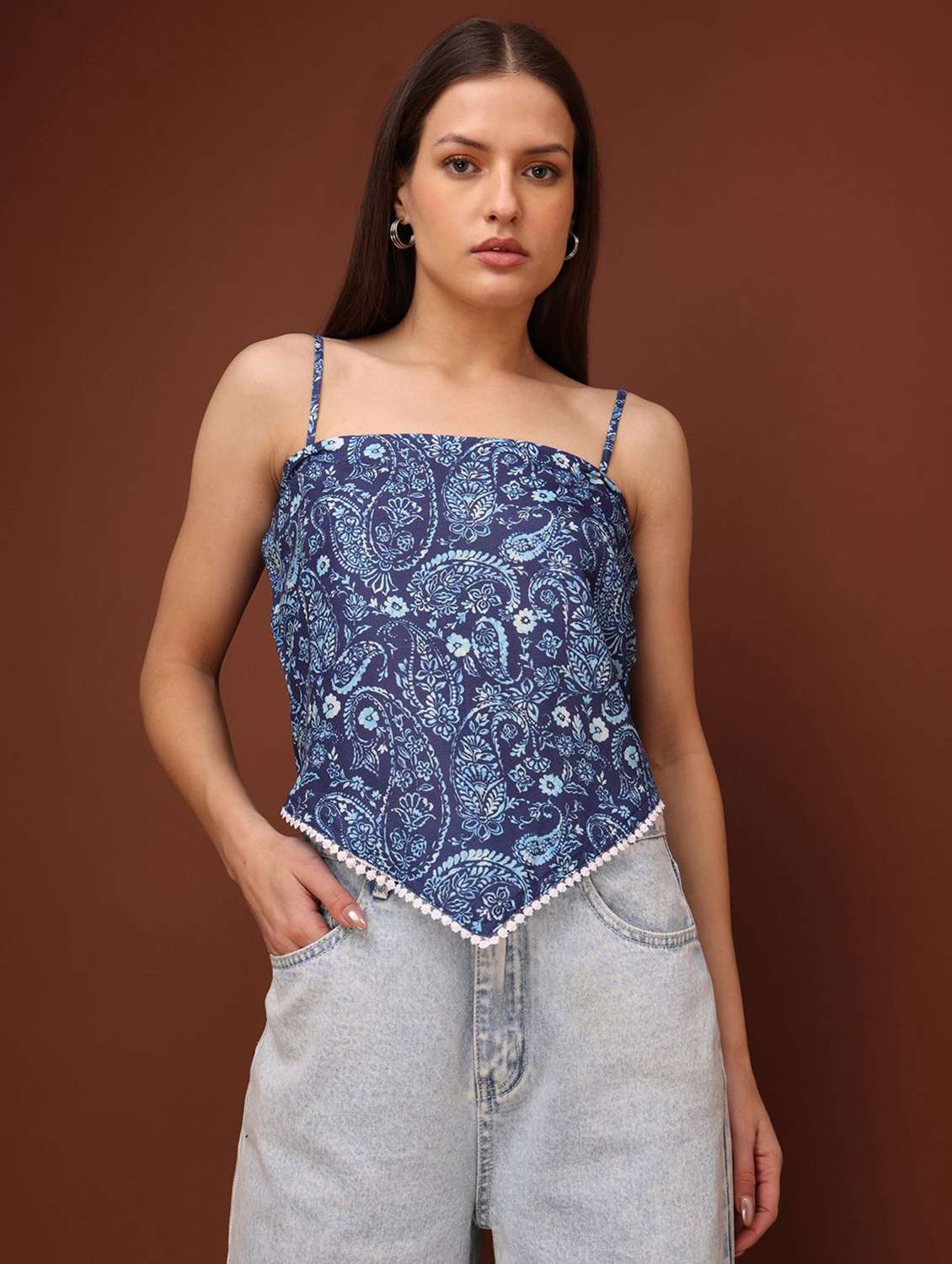 women printed shoulder strap asymmetric top
