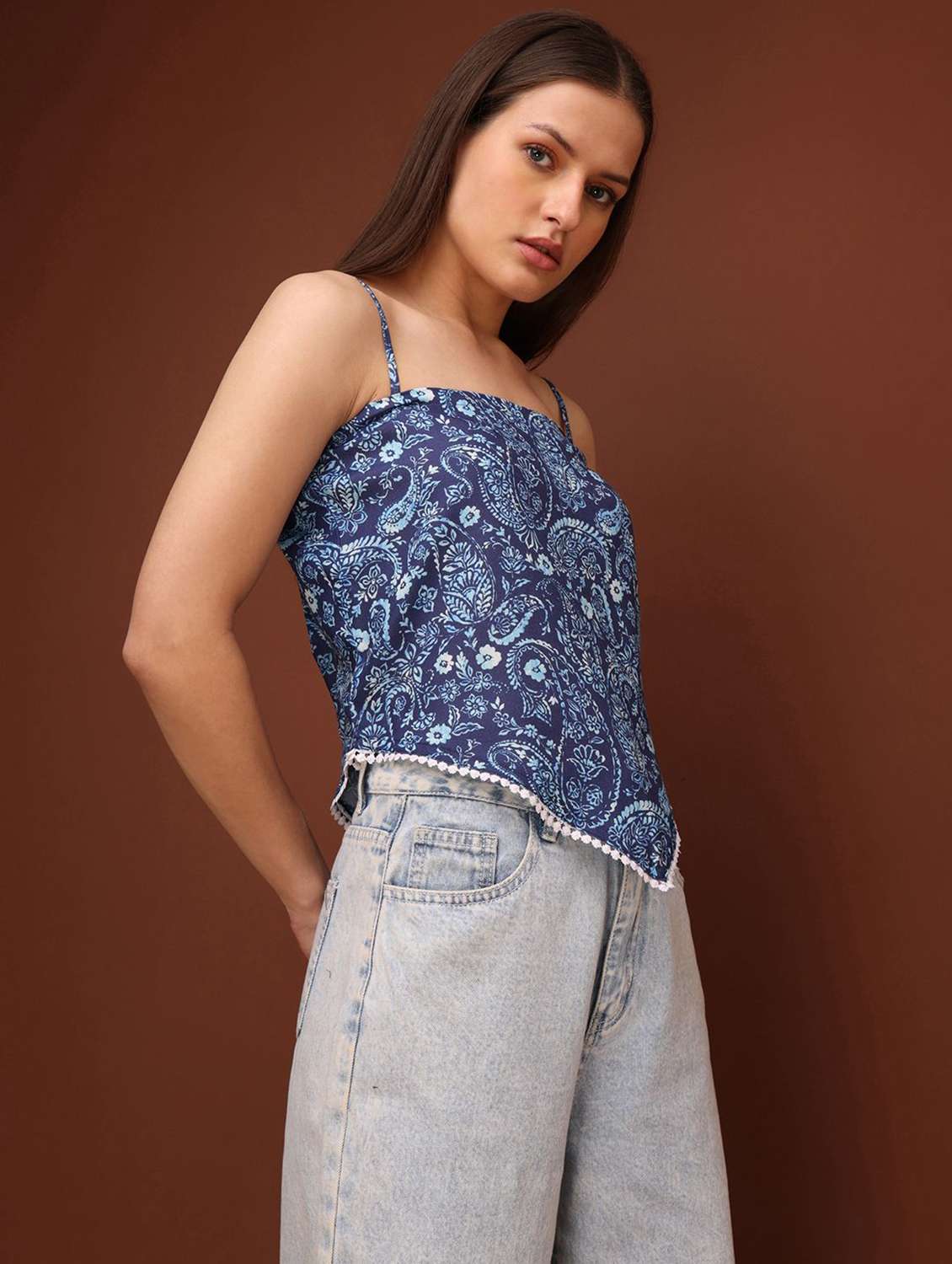 women printed shoulder strap asymmetric top - 22553643 -  Standard Image - 2