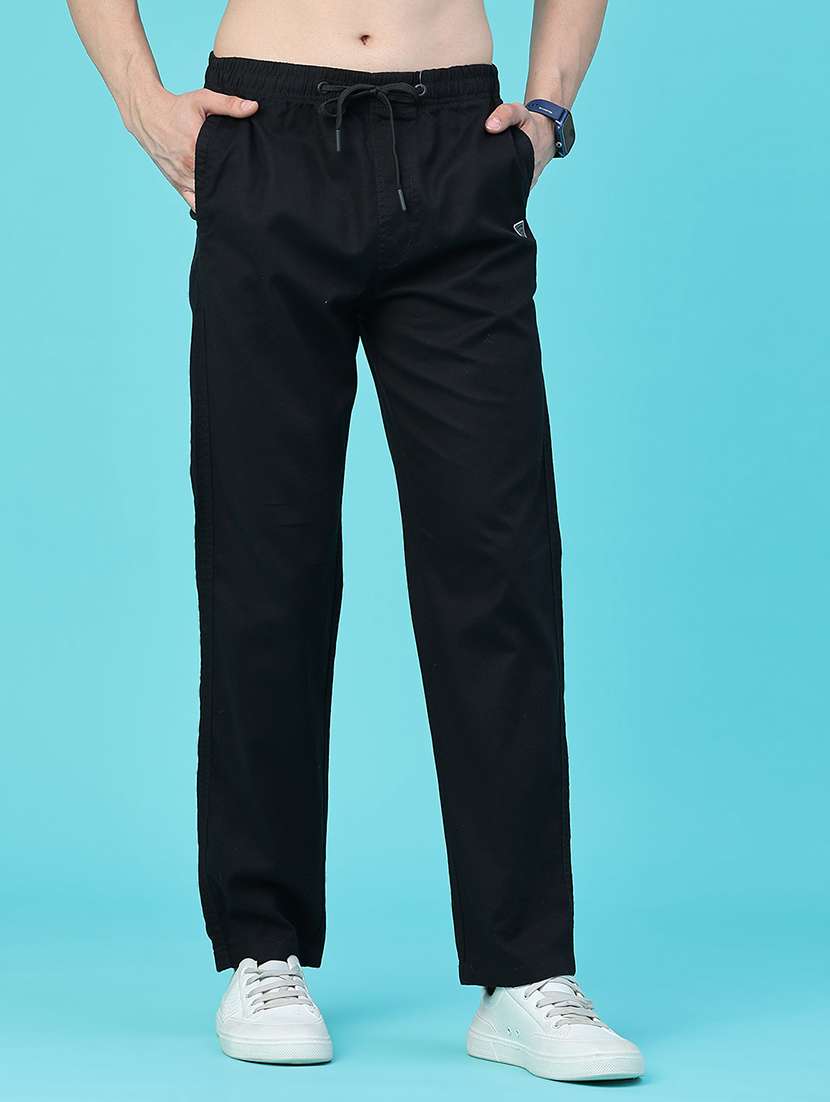 men solid mid rise flat front casual trouser