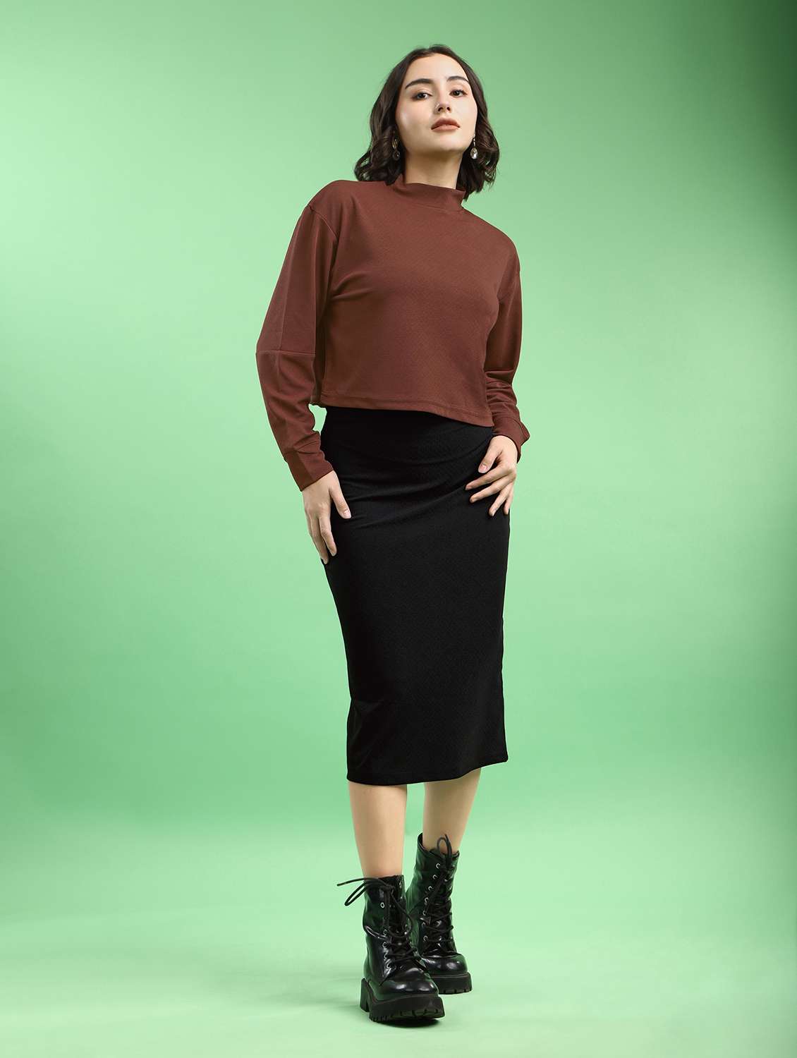 brown lycra blend top and skirt set coord - 22553729 -  Standard Image - 2