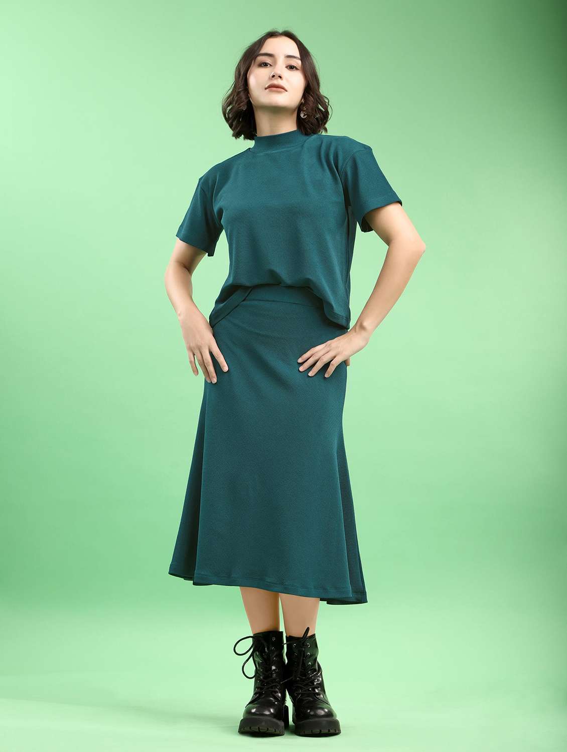 women solid short sleeves top and skirt set - 22553736 -  Standard Image - 2