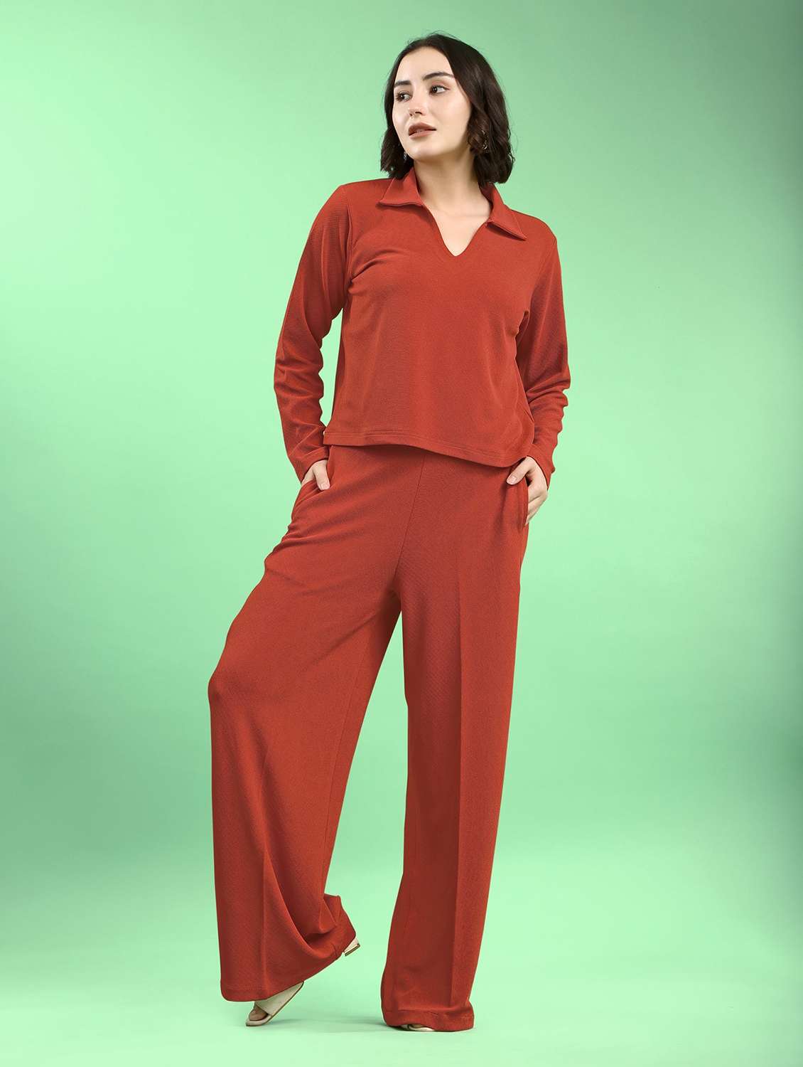 women solid long sleeves t-shirt and trouser set - 22553739 -  Standard Image - 2