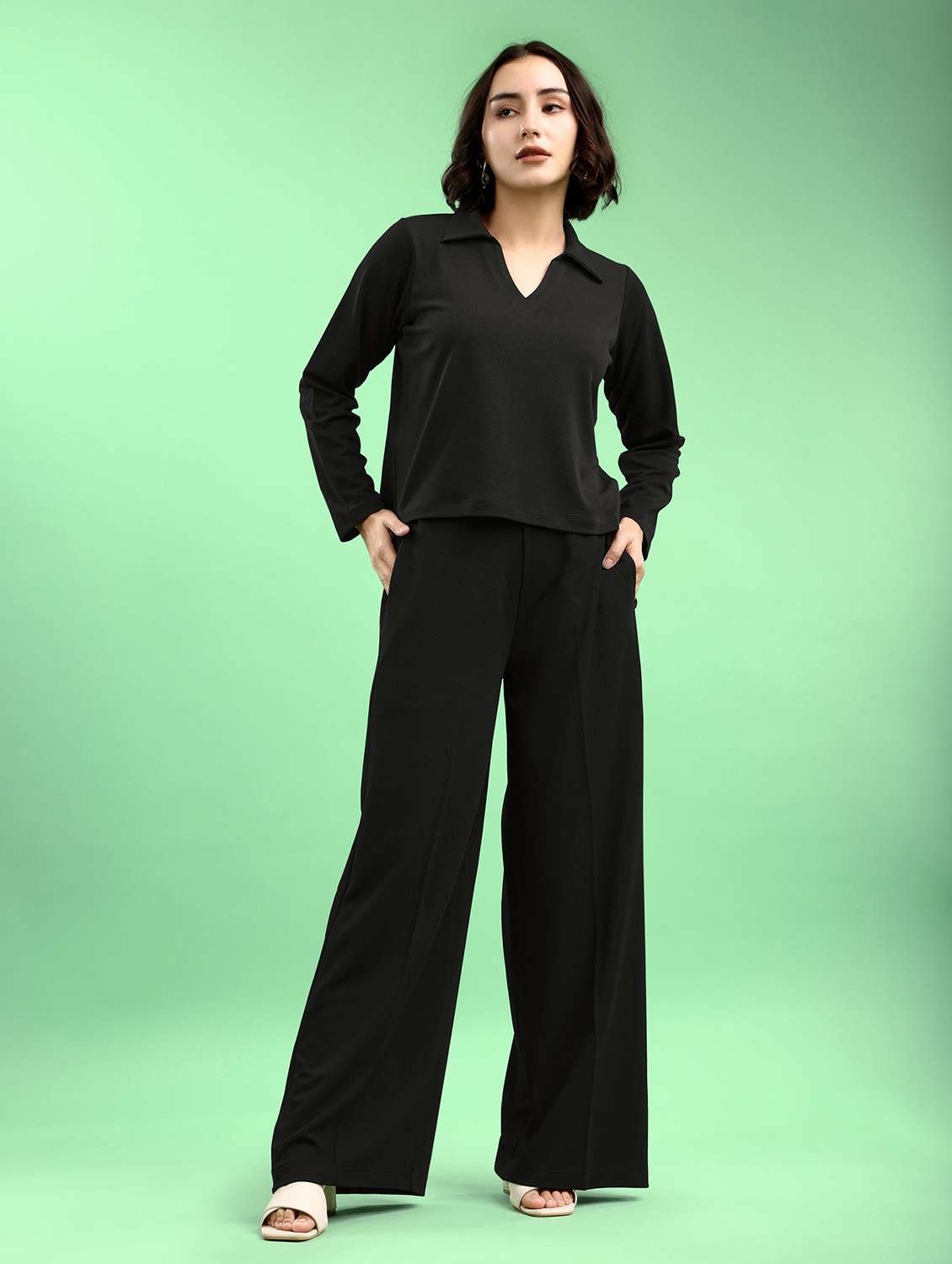 women solid long sleeves t-shirt and trouser set - 22553741 -  Standard Image - 2