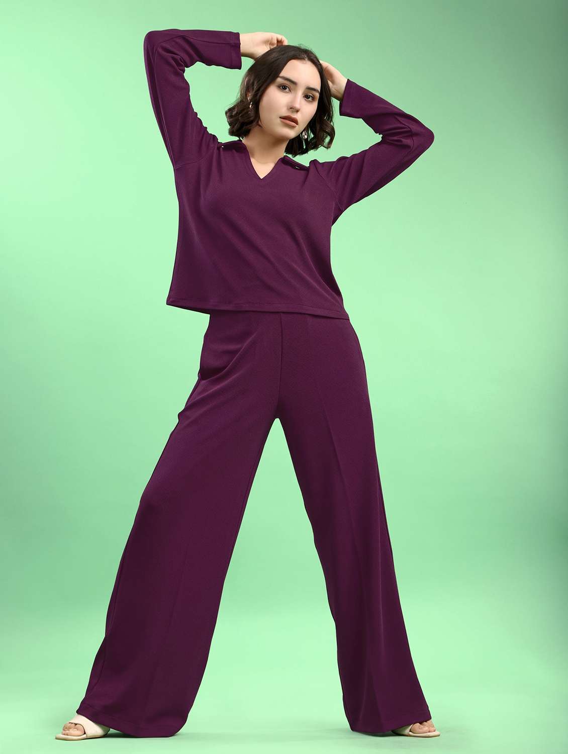 women solid long sleeves t-shirt and trouser set