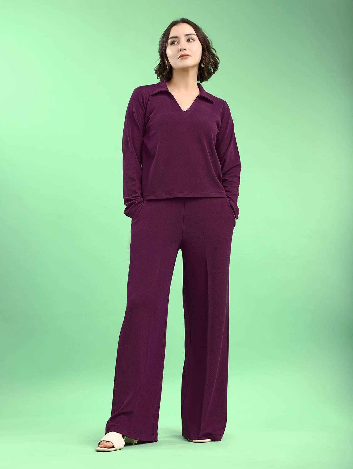 women solid long sleeves t-shirt and trouser set - 22553742 -  Standard Image - 2