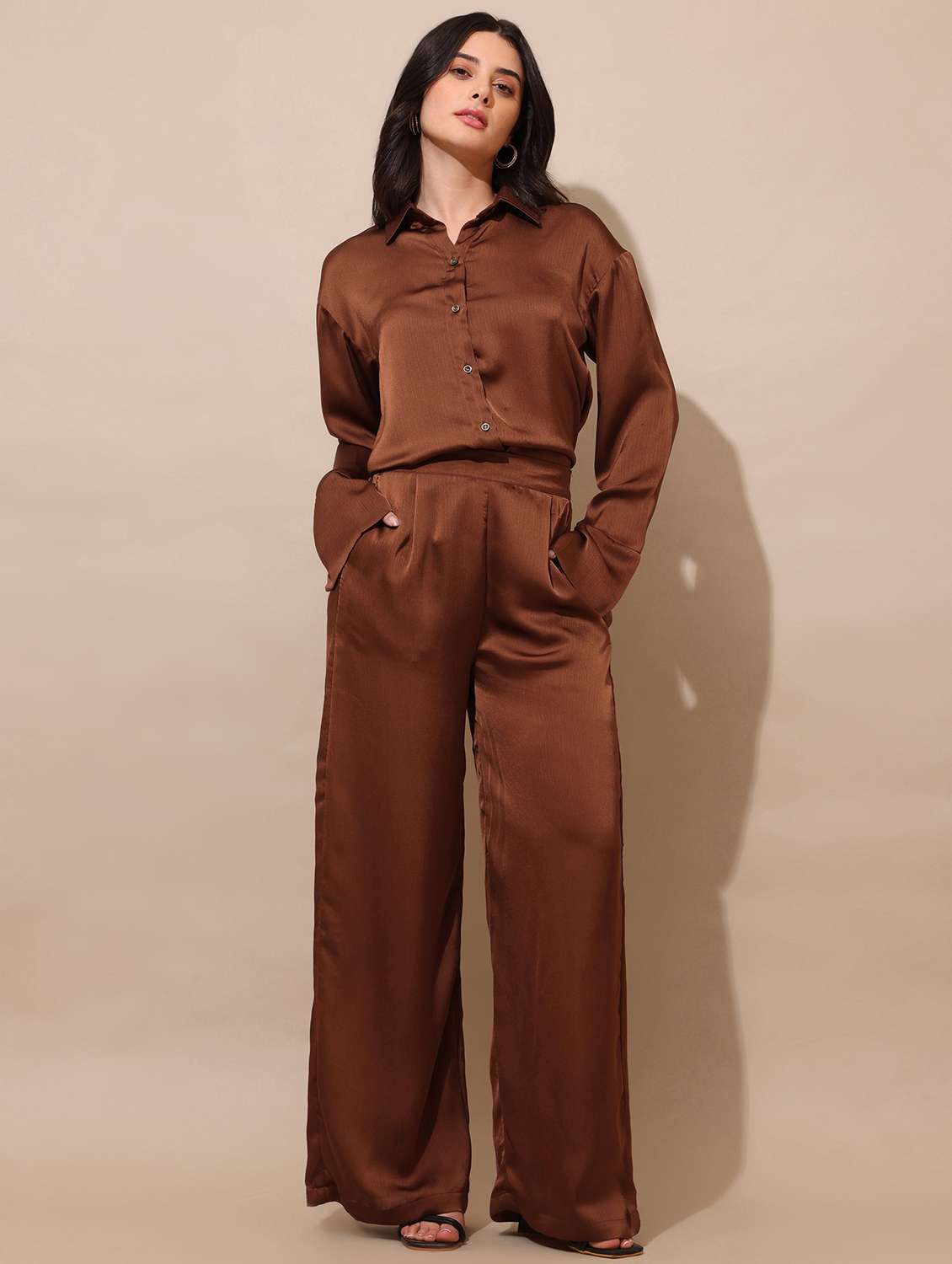 women solid long sleeves shirt and trouser co-ord set - 22553755 -  Standard Image - 2