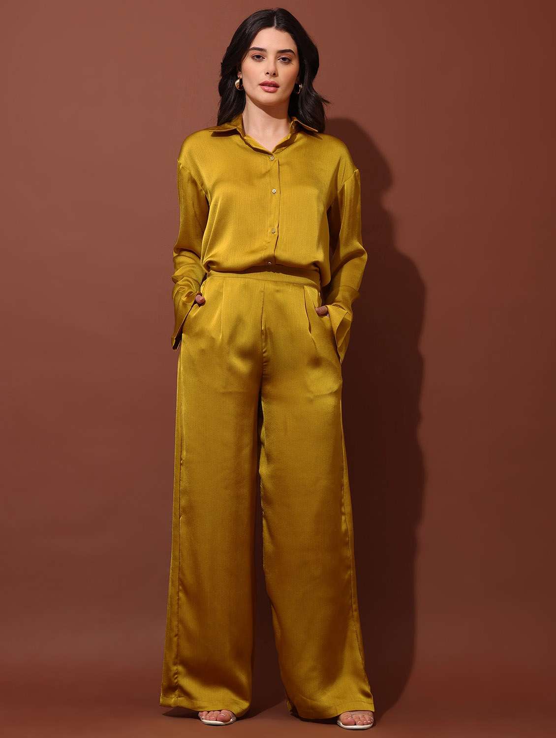 women solid long sleeves shirt and trouser co-ord set - 22553756 -  Standard Image - 2