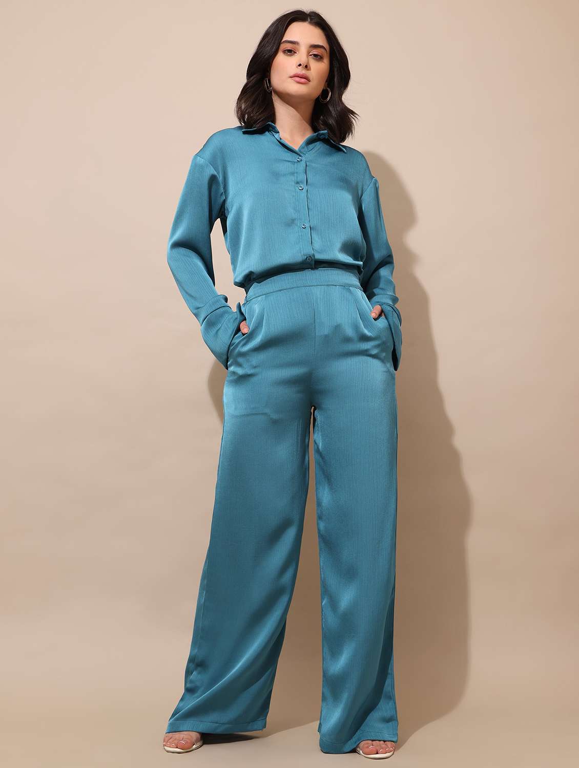 women solid long sleeves shirt and trouser co-ord set