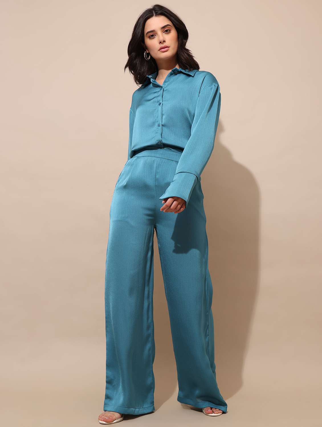 Women Solid Long Sleeves Shirt And Trouser Co-ord Set - 22553758 -  Standard Image - 2