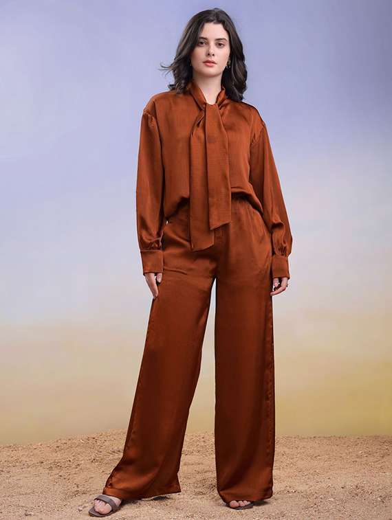 women solid long sleeves top and trouser co-ord set - 22553760 -  Standard Image - 2