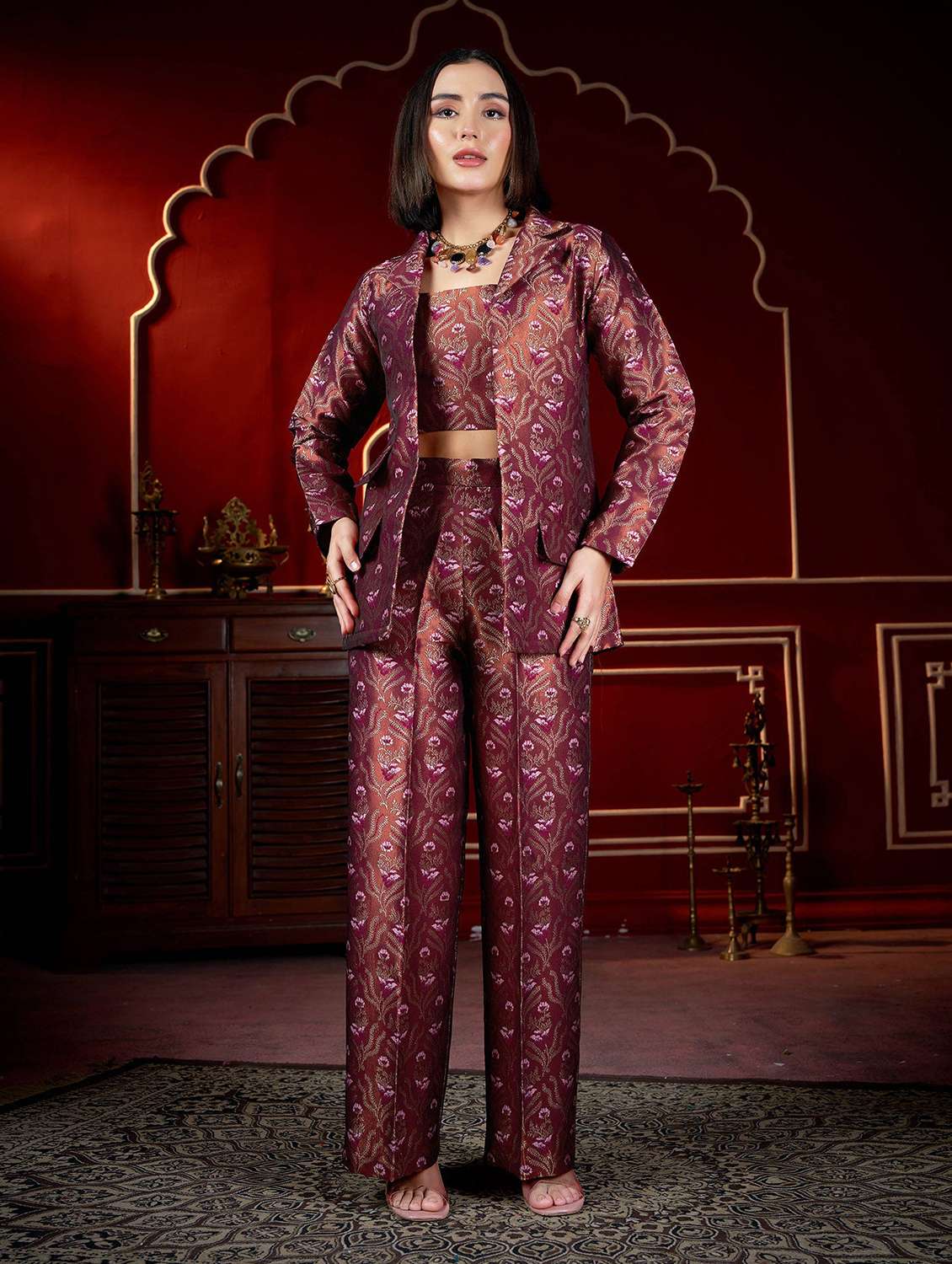 women self design long sleeves top and trouser set with jacket - 22553770 -  Standard Image - 2