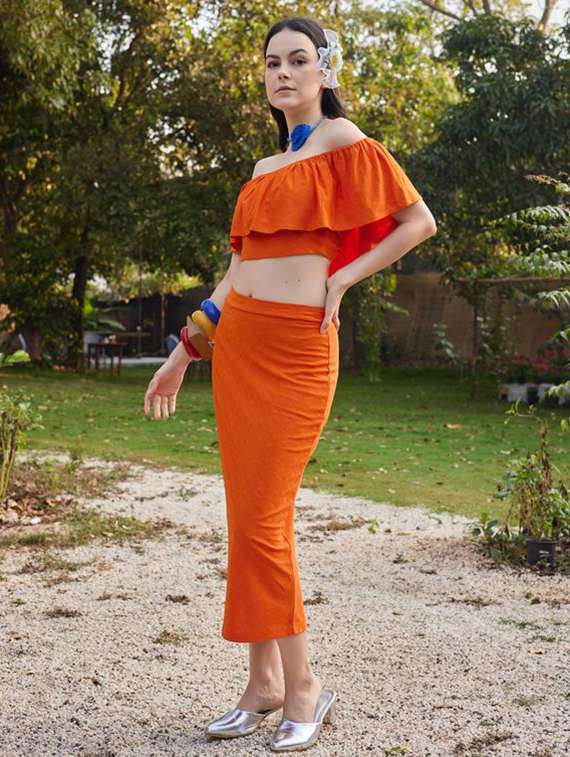 Women Self Design Cape Sleeves Top And Skirt Co-ord Set - 22553790 -  Standard Image - 2