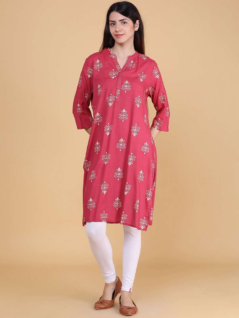 Women Printed Three Quarter Sleeve Straight Kurta - 22553915 -  Standard Image - 2