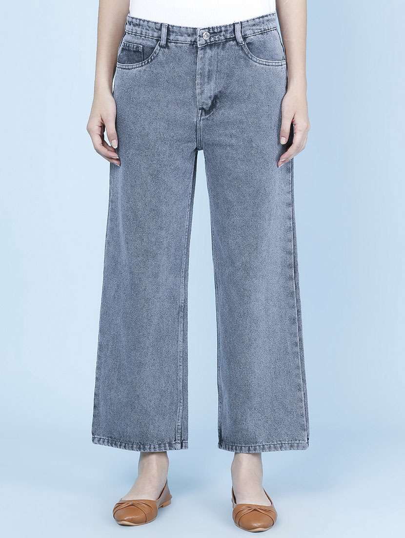 women washed  high rise straight jeans