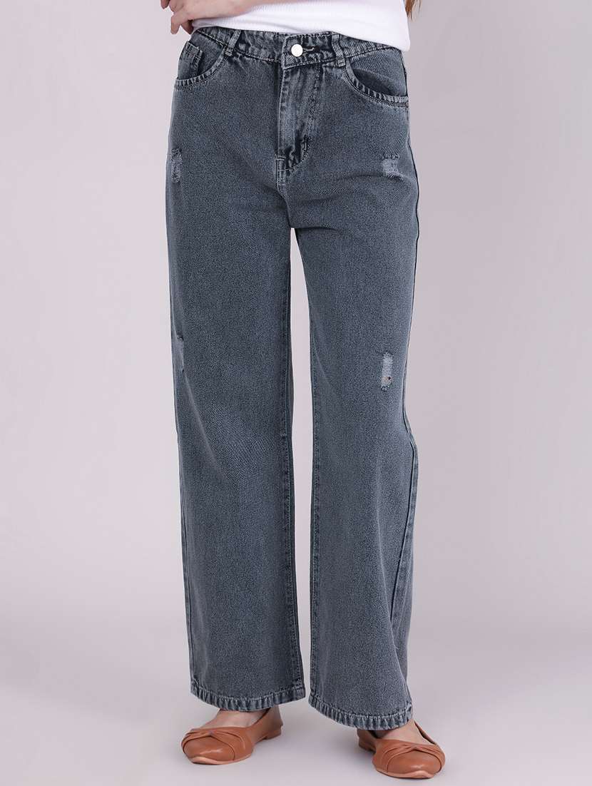 women distress high rise straight jeans