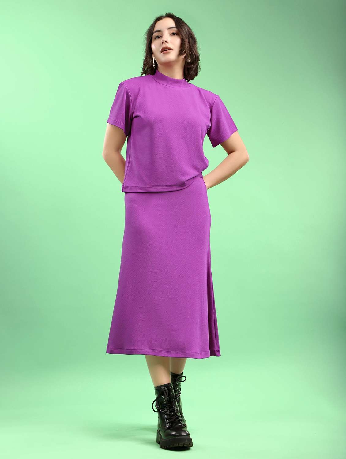 women solid short sleeves top and skirt co-ord set - 22554081 -  Standard Image - 2