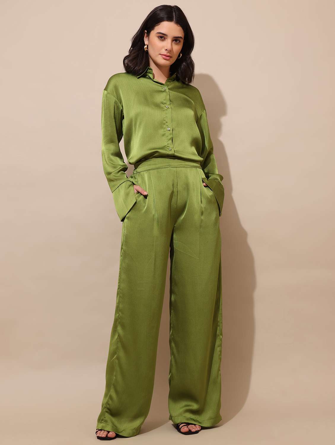 women solid long sleeves shirt  and trouser co-ord set - 22554102 -  Standard Image - 2