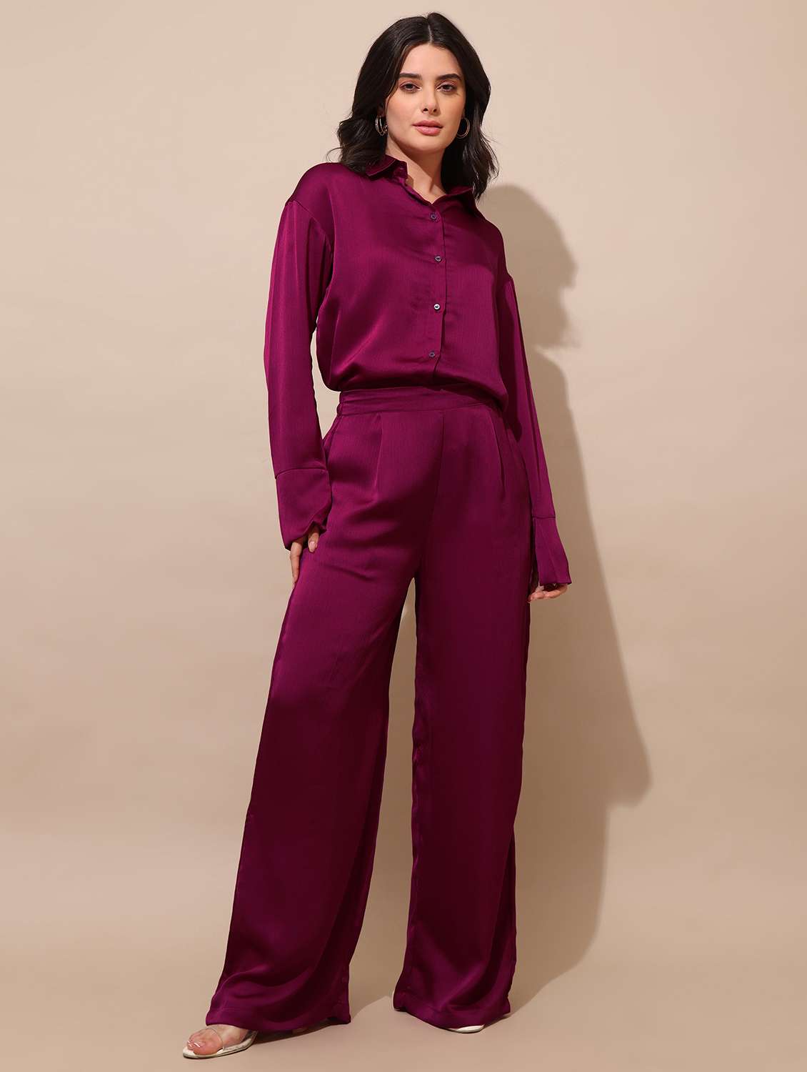 women solid long sleeves shirt and trouser co-ord set - 22554103 -  Standard Image - 2