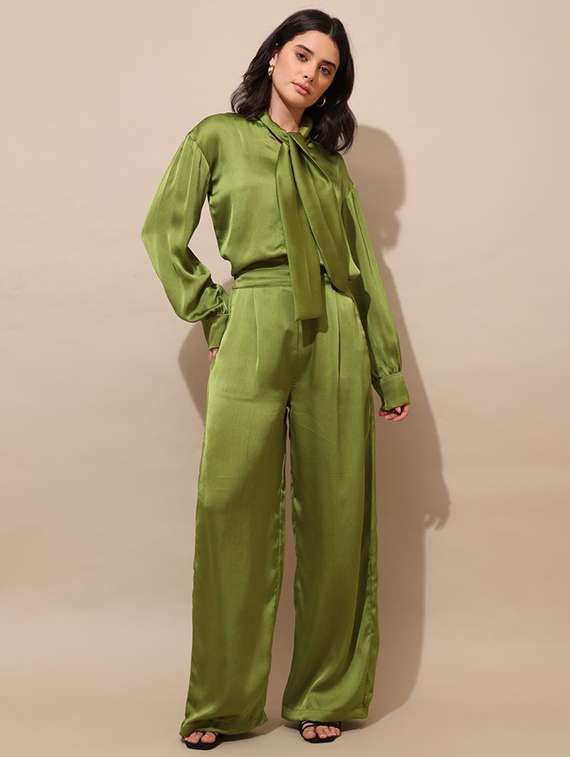 women solid long sleeves top and trouser co-ord set - 22554104 -  Standard Image - 2