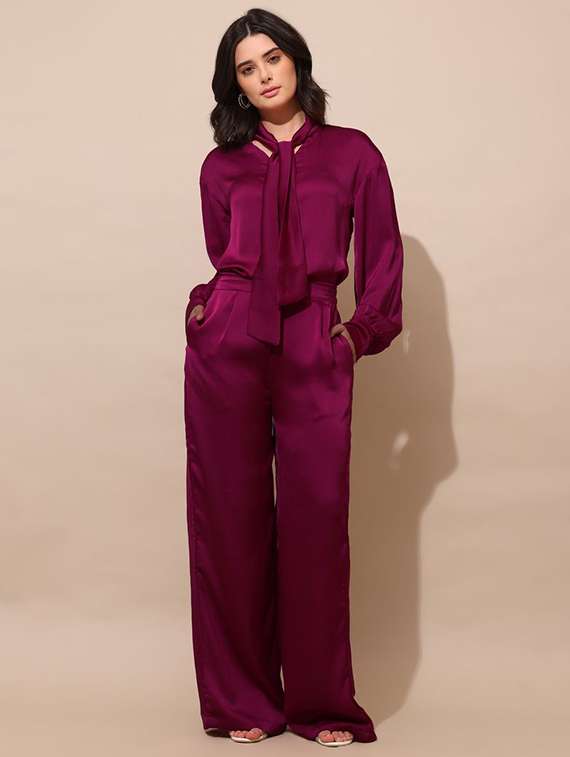 women solid long sleeves top and trouser co-ord set - 22554105 -  Standard Image - 2