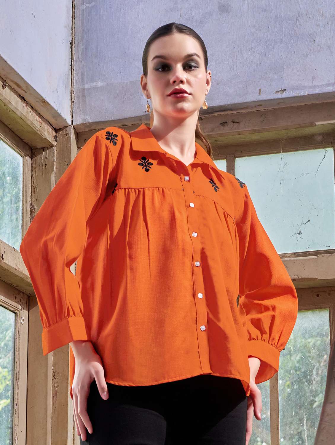 women embroidered long sleeves regular shirt