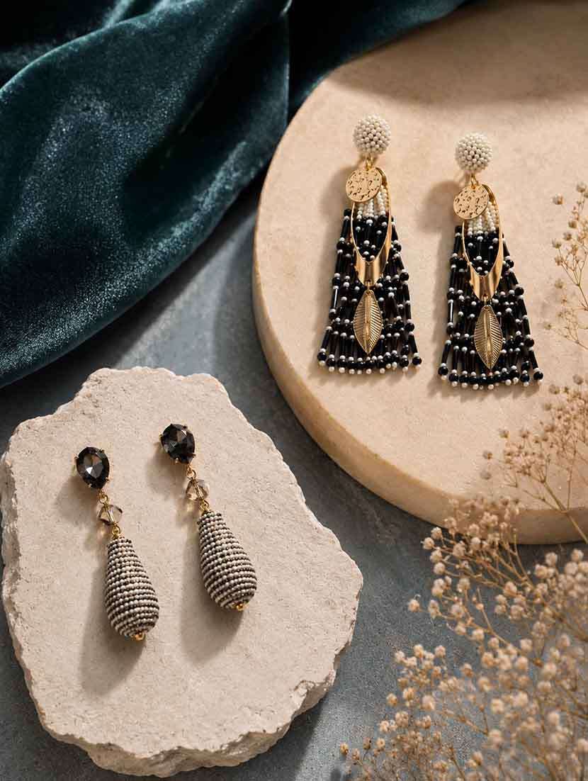 multi color beads & metal tassel drop earrings combo pack of 2