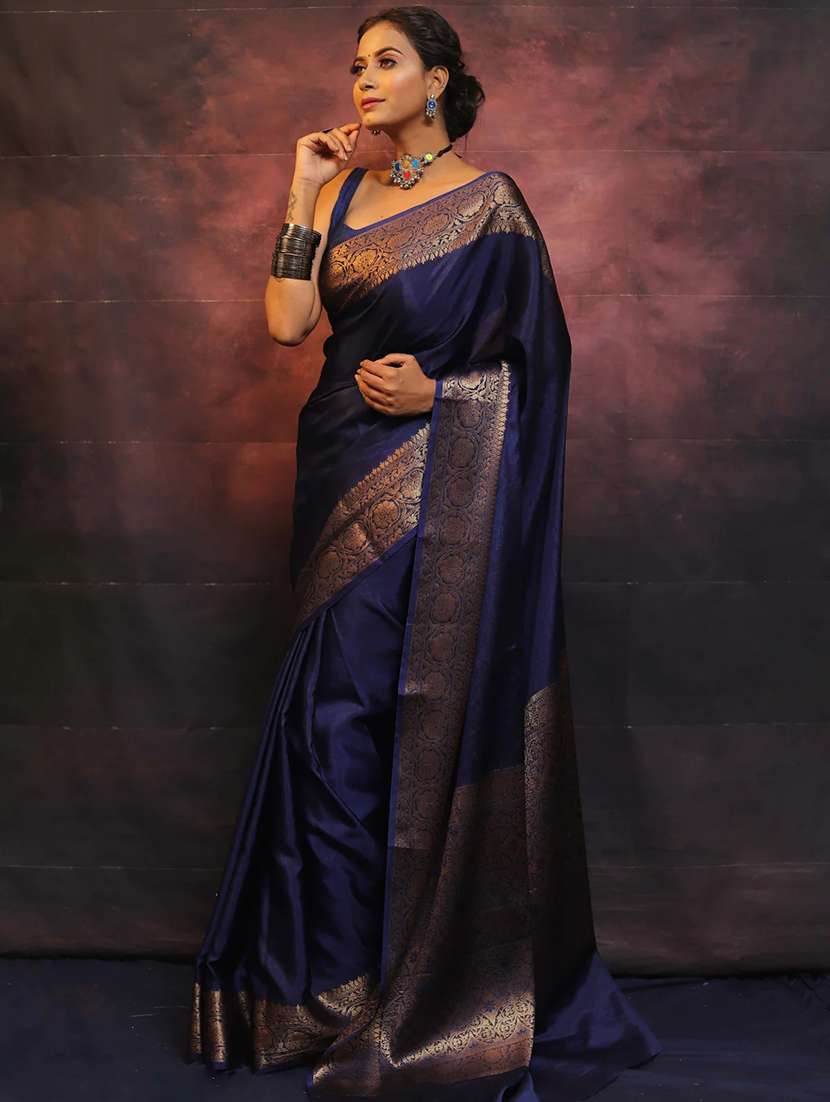 Women Solid With Bordered Saree With Blouse - 22554590 -  Standard Image - 2