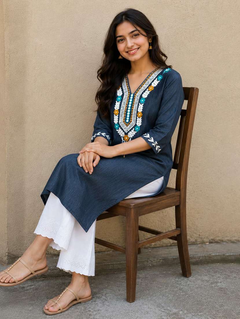 women embroidered three quarter sleeve straight kurta