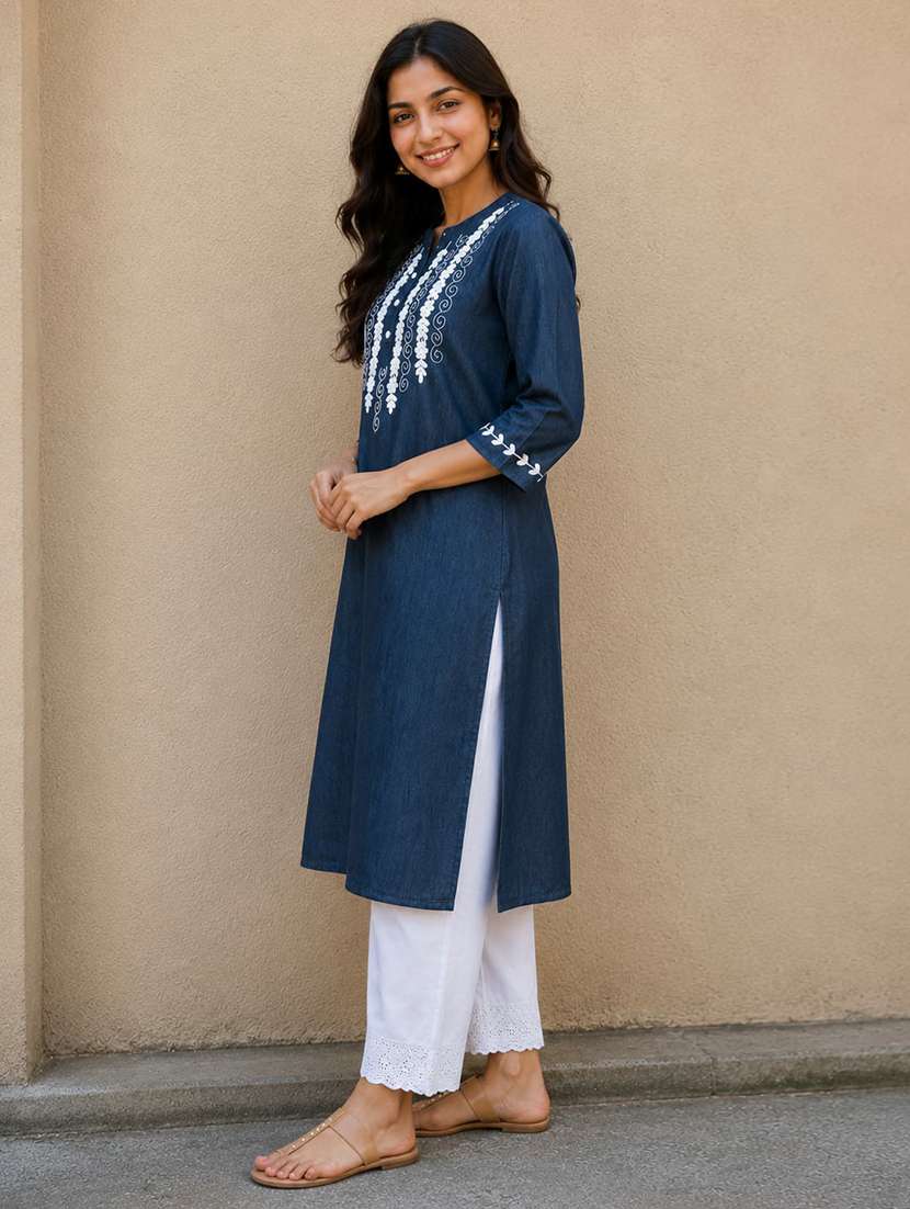 women embroidered three quarter sleeve straight kurta - 22554854 -  Standard Image - 2